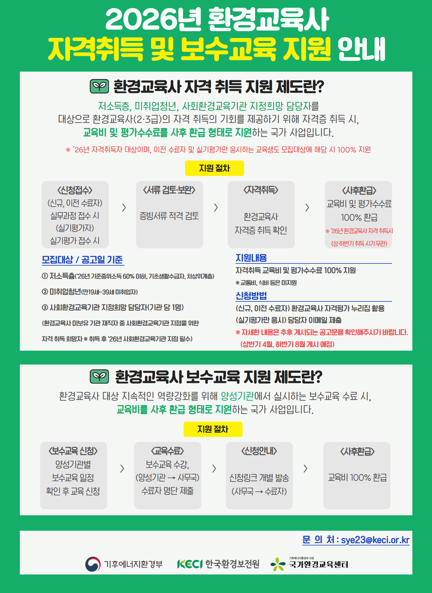 2026년 환경교육사 자격취득 및 보수교육 지원 안내. 상세 내용은 아래 본문 내용을 참고바랍니다.